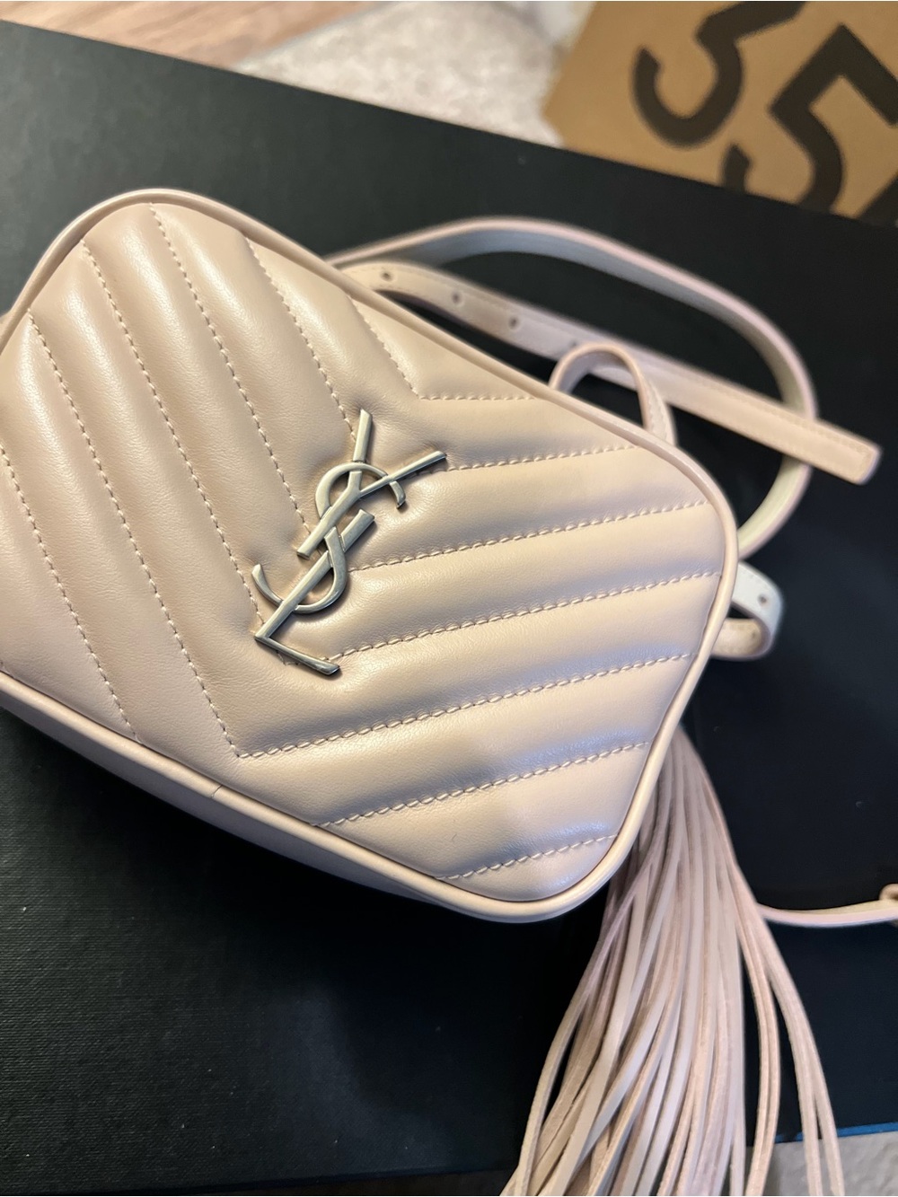 Saint Laurent Quilted Camera Crossbody in Pale Pink with Tassel